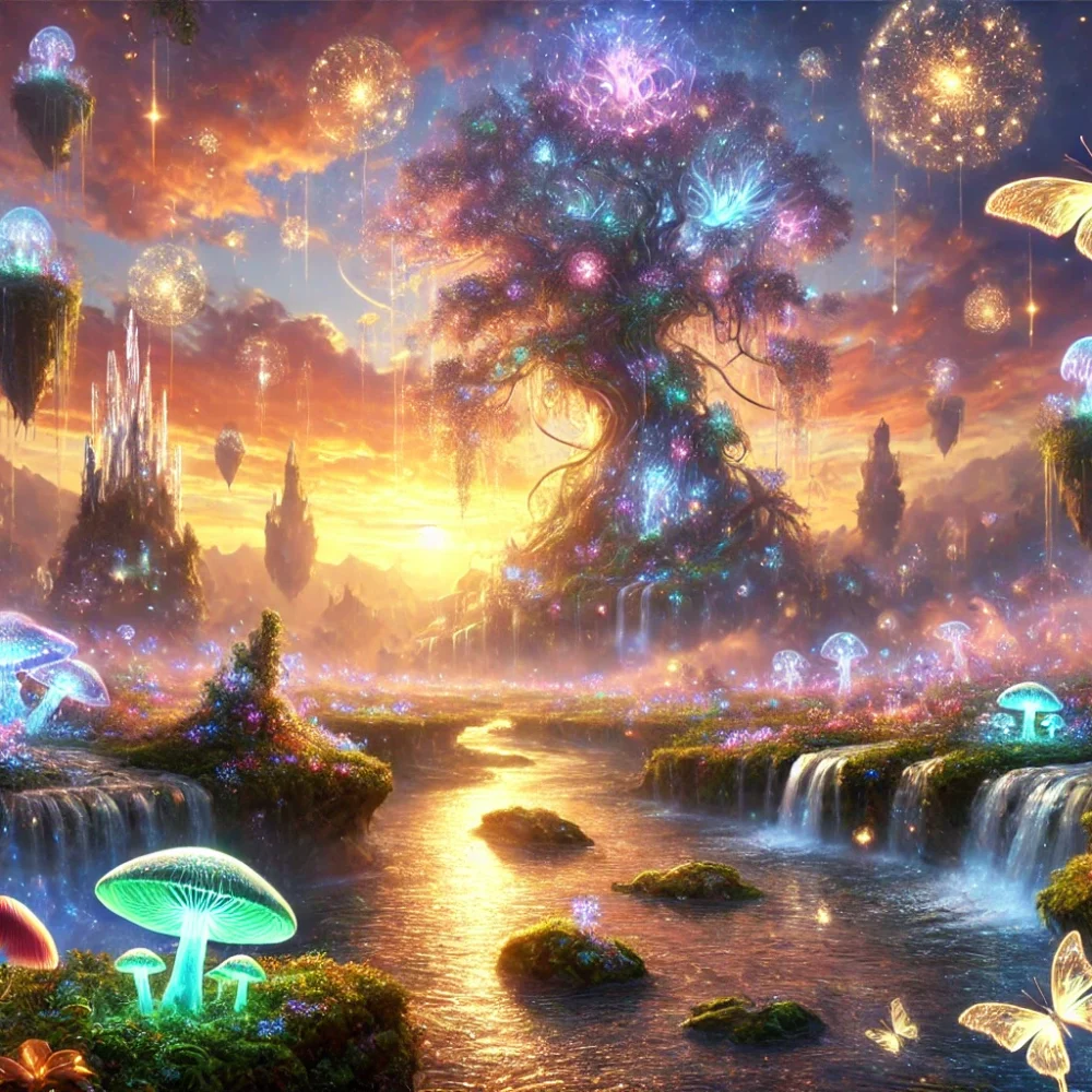 DALL·E 2024-11-22 12.37.11 – A magical valley at sunrise where nature and enchantment blend seamlessly. In the background, crystal-clear waterfalls cascade from floating islands w – Kopie DALL·E 2024-11-22 12.37.11 - A magical valley at sunrise where nature and enchantment blend seamlessly. In the background, crystal-clear waterfalls cascade from floating islands w - Kopie